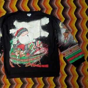XL women's VTG Santa Sleigh Sweatshirt Holiday Time ugly christmas sweater H200